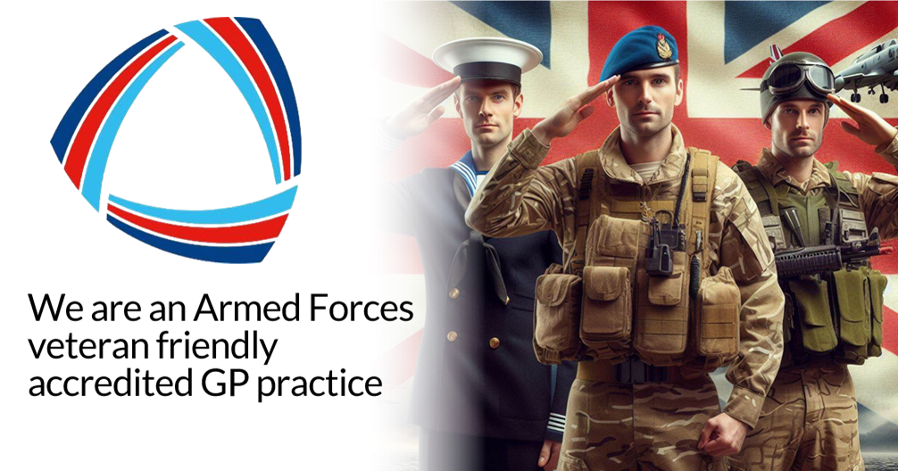 Armed Forces members from the Navy, Army and Air Force saluting in from of the Union Jack, the words, we are an Armed Forces friendly accrediated GP practice and the accreditation logo.