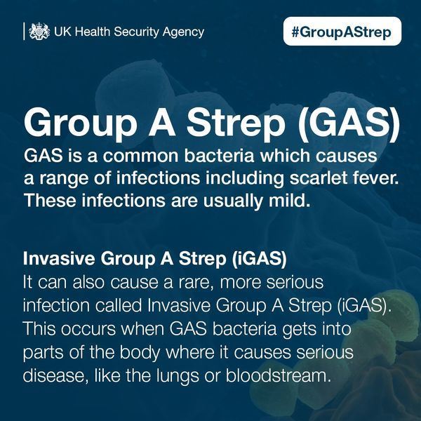 Group A Strep (GAS) is a common bacteria which causes a range of infections including scarlet fever.  Theses infections are usually mild.