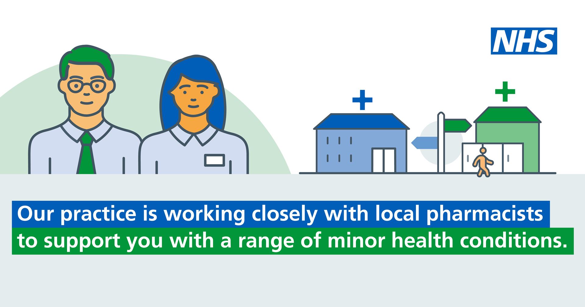 a cartoon image of pharmacists, a GP surgery, a pharmacy, the NHS logo and the words, Our practice is working closely with local pharmacists to support you with a range of minor health conditions