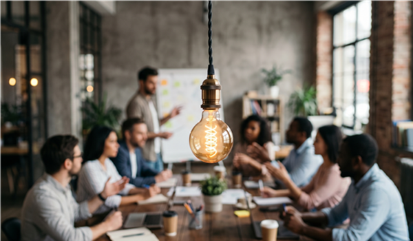 a group of people meeting, there is a lightbulb in the foreshot and the people in the image are blurred