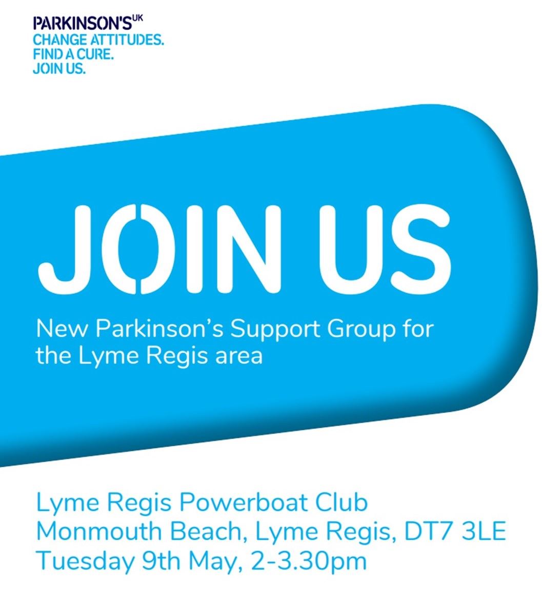 Parkinson's UK change attitudes. find a cure.  Join us.  New Parkinson's Support Group for the Lyme Regis area.  Lyme Regis Powerboat Club, Monmouth Beach, Lyme Regis, DT7 3LE.  Tuesday 9th May, 2 to 3.30 pm.